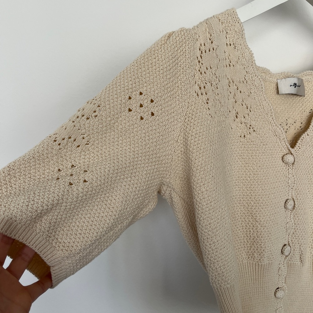 7 For All Mankind | Pointelle Peplum Cardigan / Blouse Women's Cream M - Picture 4 of 7